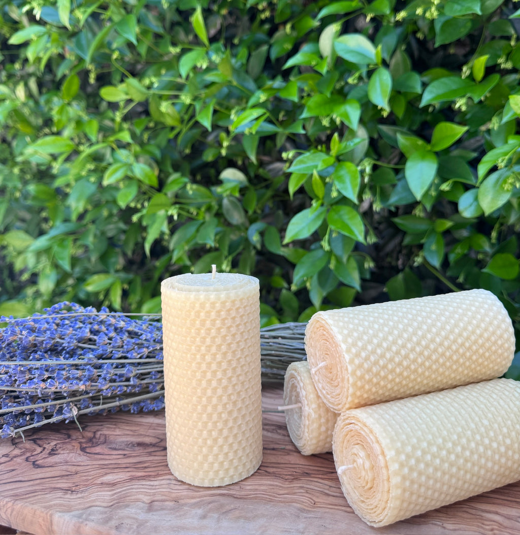 Hand-Rolled Beeswax Pillar Candle – 4” Natural Honeycomb