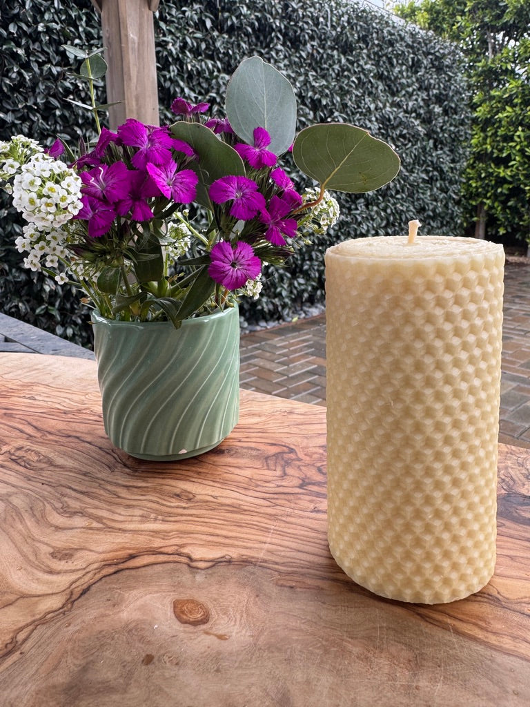 Hand-Rolled Beeswax Pillar Candle – 4” Natural Honeycomb