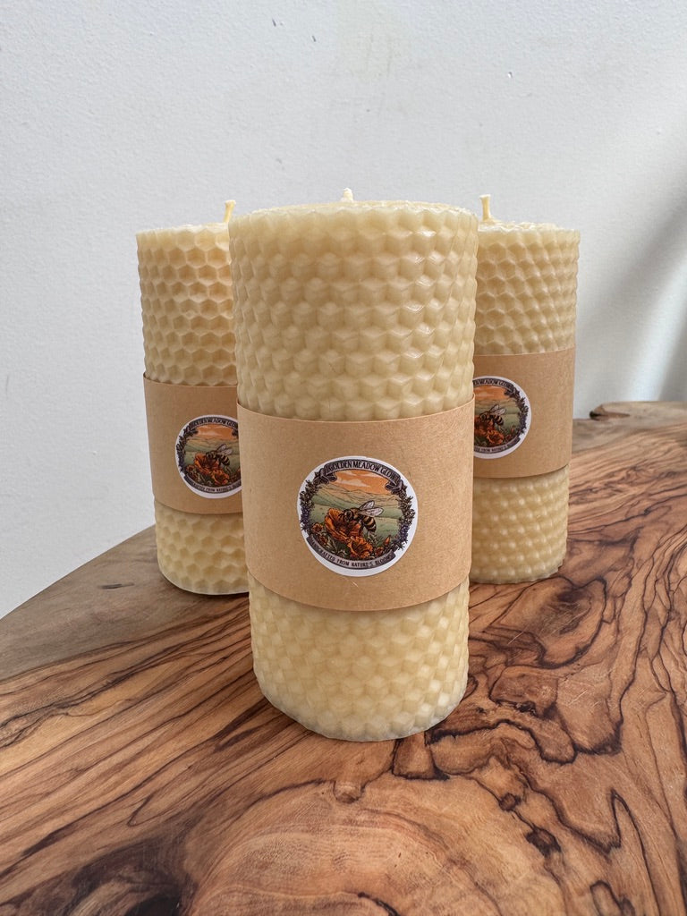 Hand-Rolled Beeswax Pillar Candle – 4” Natural Honeycomb