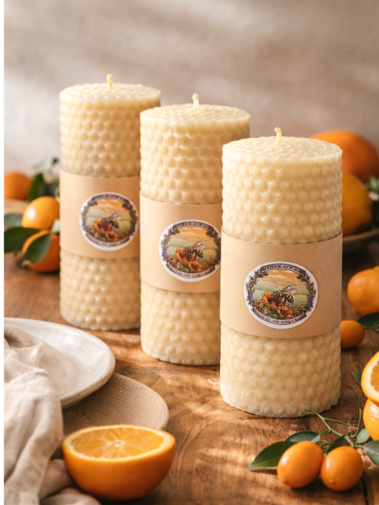 Hand-Rolled Beeswax Pillar Candle – 4” Natural Honeycomb
